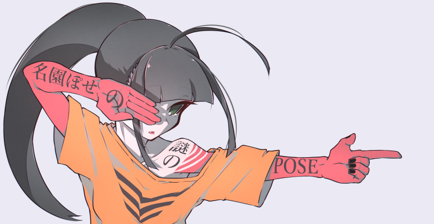 absurdres ahoge bad_id bad_pixiv_id black_hair black_nails blunt_bangs commentary_request female green_eyes grey_background highres jipponwazaari long_hair nail_polish one_eye_covered orange_shirt original pointing ponytail shirt short_sleeves sidelocks simple_background solo tattoo upper_body