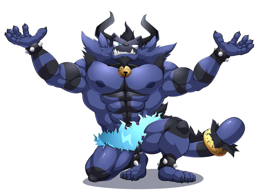 alternate_color anthro azune_tonkotsu bell bell_collar black_hair blue_body blue_fur bracelet collar fur generation_7_pokemon hair hi_res incineroar jewelry maldu male muscular muscular_anthro muscular_male nintendo nipples pokemon pokemon_(species) simple_background solo spiked_bracelet spikes white_background