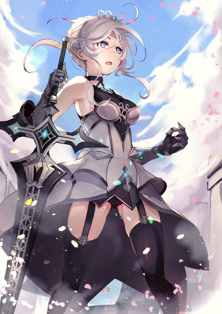 ahoge armor armpits bad_id bad_pixiv_id black_thighhighs blue_eyes blue_sky breasts commentary_request day dress female from_below gauntlets grey_hair hair_ornament highres holding holding_sword holding_weapon king's_raid light_particles long_hair medium_breasts open_mouth scarlet_(king's_raid) sidelocks sky sleeveless sleeveless_dress solo standing sword thighhighs tiara weapon yu_kitsune