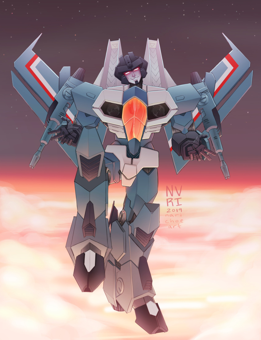 2018 aircraft aircraft_humanoid airplane alien cloud cybertronian decepticon detailed_background digital_media_(artwork) english_text hi_res humanoid jet living_aircraft living_machine looking_at_viewer machine male narichoeart not_furry open_arms outside range_weapon ranged_weapon red_eyes robot seeker_(transformers) sky smile smirk solo space standing star starry_sky teeth text thundercracker transformers weapon wings