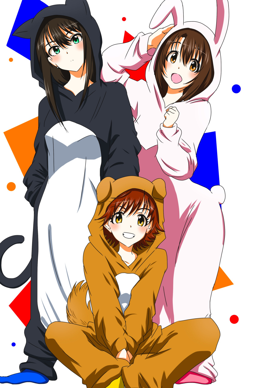 3girls :d absurdres animal_costume animal_ears bad_id bad_pixiv_id between_legs blue_legwear blush brown_eyes brown_hair cat_costume cat_ears cat_tail collarbone commentary_request dog_costume dog_ears dog_tail earrings fake_animal_ears fake_tail frown green_eyes grin hair_between_eyes hand_between_legs head_tilt highres honda_mio idolmaster idolmaster_cinderella_girls indian_style jewelry long_hair looking_at_viewer multiple_girls new_generations_(idolmaster) open_mouth pink_legwear rabbit_costume rabbit_ears rabbit_tail shibuya_rin shiki_(0802makimari) shimamura_uzuki short_hair sitting smile socks standing tail yellow_legwear