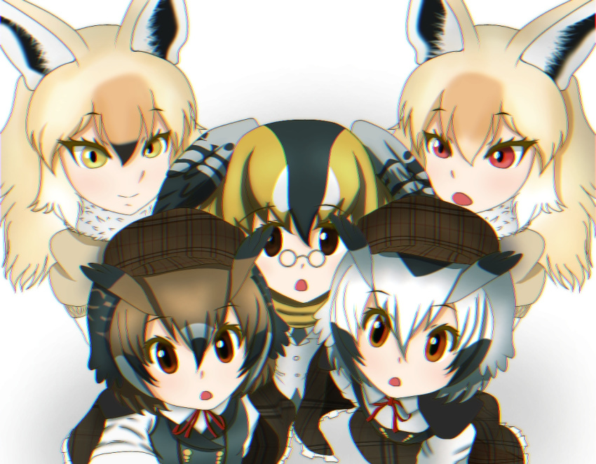 2018 alulu_(kemono_friends) animal_humanoid aritz assistant_mimi-chan avian avian_humanoid biped bird bird_humanoid black_body black_feathers black_hair black_wings blonde_hair brown_body brown_clothing brown_eyes brown_feathers brown_hair canid canid_humanoid canine canine_humanoid chromatic_aberration clothing curious deerstalker_hat digital_drawing_(artwork) digital_media_(artwork) dress eyebrow_through_hair eyebrows eyelashes eyewear feathered_wings feathers female fur_trim_(clothing) glasses grey_body grey_feathers grey_wings group hair hat head_wings headgear headwear humanoid jackal_humanoid japanese kemono_friends kinko light light_body light_skin lighting long_hair looking_at_viewer mammal mammal_humanoid multicolored_body multicolored_feathers multicolored_hair open_mouth owl_humanoid pattern_clothing picid picid_humanoid pince-nez plaid plaid_clothing professor_konoha red_eyes saramint scarf shadow short_hair simple_background smile soft_focus stare sweater sweater_vest tan_body tan_skin topwear translucent translucent_hair two_tone_body two_tone_feathers two_tone_hair two_tone_wings vest white_background white_body white_feathers white_hair wings yellow_eyes