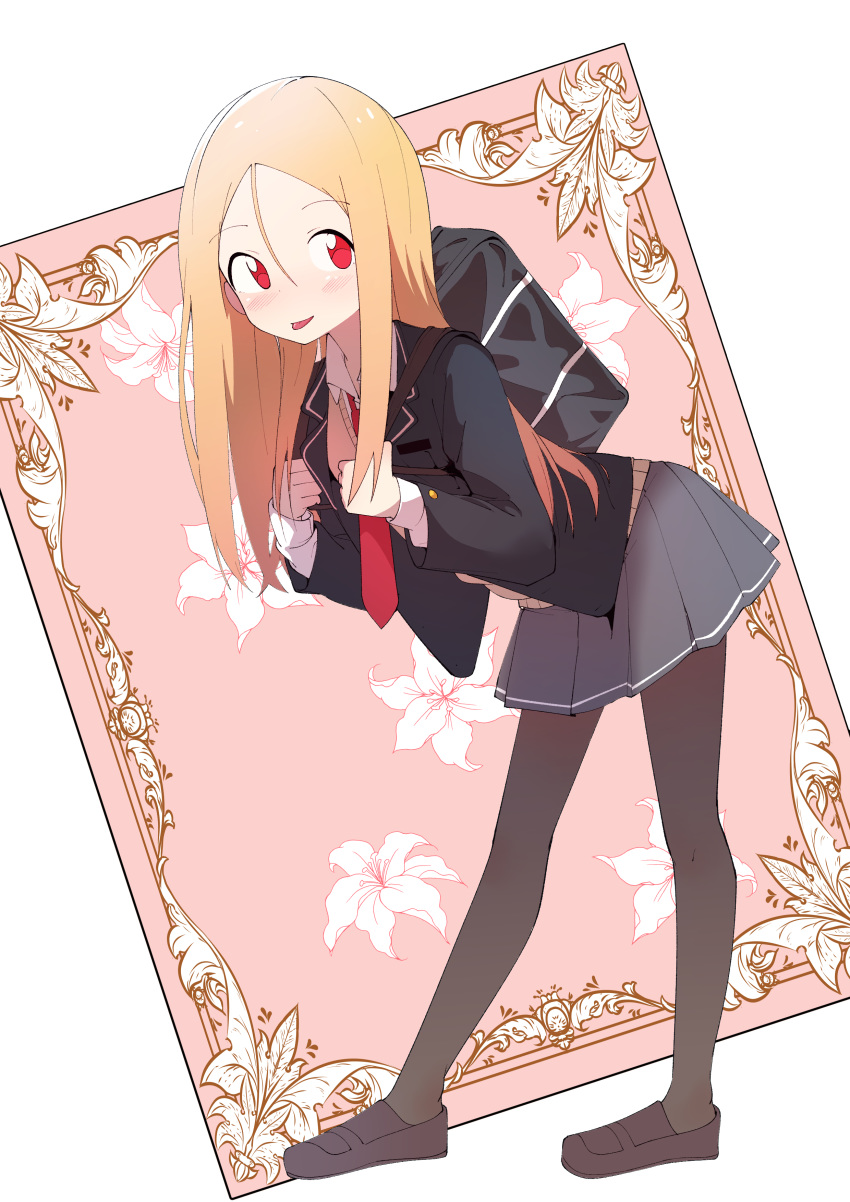 absurdres backpack bag black_pantyhose blazer blonde_hair blush bural_chingu commentary_request female full_body hair_between_eyes highres holding_strap jacket lee_ji-min loafers long_hair looking_at_viewer necktie pantyhose pleated_skirt red_eyes school_uniform shoes skirt smile solo vest wweed