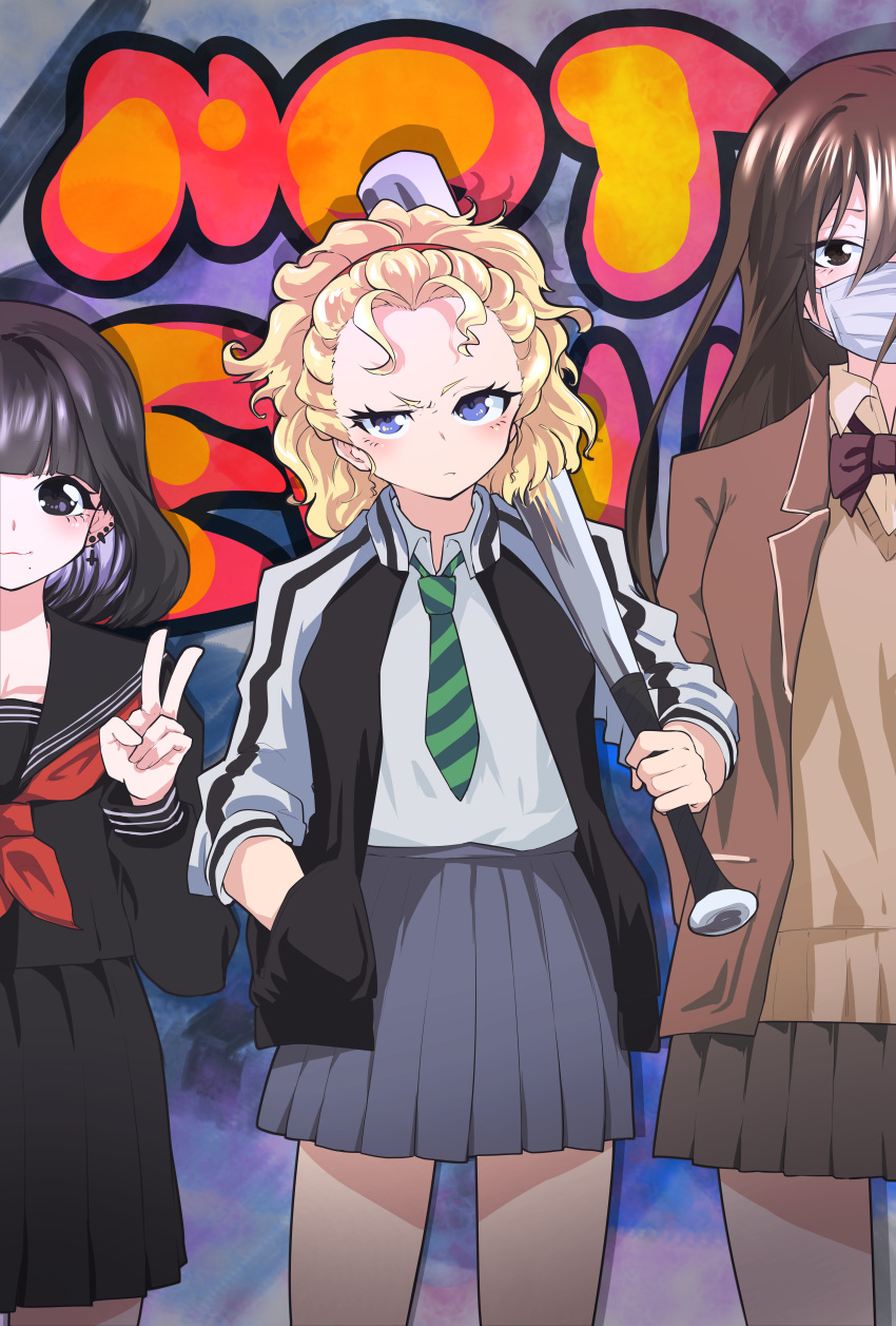 3girls absurdres bad_id bad_pixiv_id baseball_bat black_eyes black_hair black_sailor_collar black_skirt blonde_hair blue_eyes blunt_bangs bow bowtie brown_bow brown_bowtie brown_hair brown_skirt collared_shirt commentary_request cowboy_shot ear_piercing earrings grey_skirt hairband hand_in_pocket highres holding holding_baseball_bat jewelry jipponwazaari long_hair long_sleeves looking_at_viewer mask medium_hair mouth_mask multiple_girls neckerchief necktie original piercing pleated_skirt red_hairband red_neckerchief sailor_collar school_uniform shadow shirt shirt_tucked_in skirt striped striped_necktie uniform v white_shirt