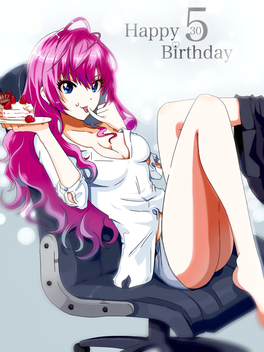 ahoge alternate_hair_color bad_id bad_pixiv_id blue_eyes breasts cake cleavage collarbone commentary_request cream cream_on_face curly_hair dress_shirt earrings feet_out_of_frame female food food_on_face grey_shorts happy_birthday highres holding holding_plate ichinose_shiki idolmaster idolmaster_cinderella_girls jewelry licking licking_finger long_hair looking_at_viewer medium_breasts pink_hair plate shiki_(0802makimari) shirt short_shorts shorts sitting skirt skirt_around_one_leg solo tongue tongue_out very_long_hair white_background white_shirt