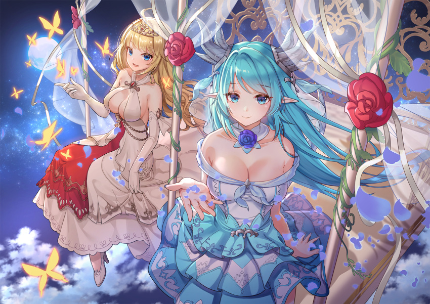 2girls :d ahoge aqua_hair artemia_(king's_raid) bare_shoulders bed blonde_hair blue_dress blue_eyes blue_flower breasts bug butterfly chibi_vanille cleavage closed_mouth collarbone commentary criss-cross_halter dragon_girl dragon_horns dress elbow_gloves flower full_moon gloves halterneck high_heels highres horns king's_raid laias_(king's_raid) large_breasts layered_dress long_hair looking_at_viewer moon multiple_girls open_mouth petals photoshop_(medium) pointy_ears red_flower rose sidelocks sitting smile tiara very_long_hair white_dress white_footwear white_gloves