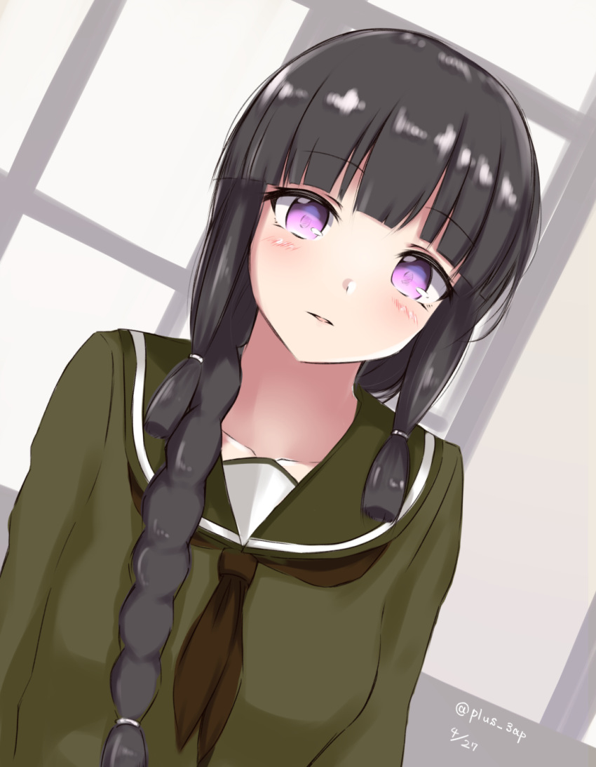 black_hair black_neckerchief blunt_bangs braid commentary_request dated dutch_angle female green_serafuku highres kantai_collection kitakami_(kancolle) long_hair looking_at_viewer neckerchief purple_eyes saplus school_uniform serafuku sidelocks single_braid solo twitter_username upper_body