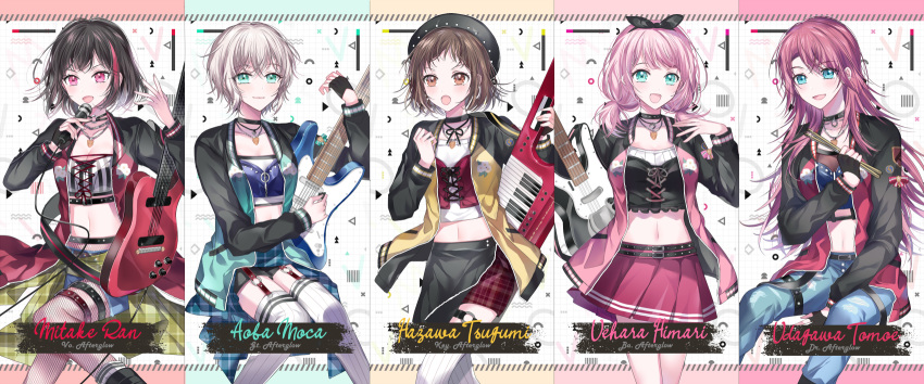 5girls :d :o afterglow_(bang_dream!) aoba_moca aqua_jacket bang_dream! bass_guitar belt beret between_legs black_choker black_gloves black_hair black_headwear black_ribbon black_shirt blue_eyes blue_shirt bob_cut brown_eyes brown_hair character_name choker clenched_hand clothes_around_waist commentary_request crop_top cross-laced_clothes denim drumsticks electric_guitar fingerless_gloves fishnet_pantyhose fishnets garter_straps gloves green_eyes grey_hair group_name guitar hair_ribbon hand_between_legs hat hazawa_tsugumi highres holding holding_instrument holding_microphone instrument invisible_chair jacket jeans jewelry keytar long_hair long_sleeves looking_at_viewer low_twintails microphone midriff mitake_ran multicolored_hair multiple_girls navel nennen open_mouth pants pantyhose pendant pink_hair pink_jacket pink_skirt plaid plaid_shirt pleated_skirt raglan_sleeves red_eyes red_hair red_jacket red_shirt ribbon shirt shirt_around_waist short_hair short_shorts shorts single_fingerless_glove sitting skirt smile streaked_hair striped_clothes striped_shirt thigh_strap thighhighs twintails udagawa_tomoe uehara_himari v-shaped_eyebrows vertical-striped_clothes vertical-striped_shirt yellow_jacket yellow_shirt