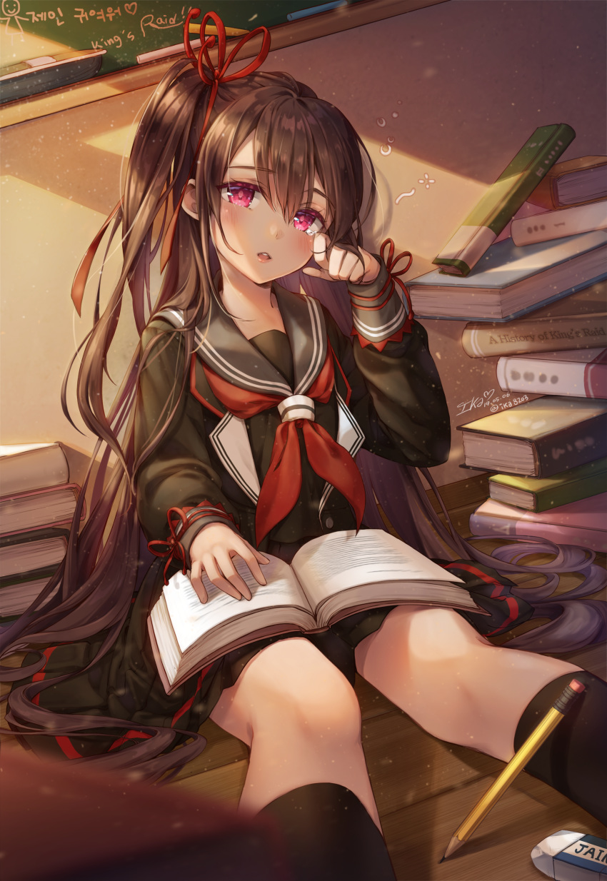 :o absurdres black_sailor_collar black_shirt black_skirt black_socks blurry blurry_foreground blush book book_stack brown_hair chalk chalkboard commentary_request dutch_angle eraser female hair_ribbon hand_up highres ika_(4801055) indoors jane_(king's_raid) king's_raid kneehighs light_particles long_hair long_sleeves looking_at_viewer miniskirt neckerchief on_floor one_side_up open_book parted_lips pencil pink_eyes pleated_skirt red_neckerchief red_ribbon ribbon sailor_collar school_uniform serafuku shirt sidelocks sitting skirt socks solo sunlight tears thighs very_long_hair wing_collar wooden_floor