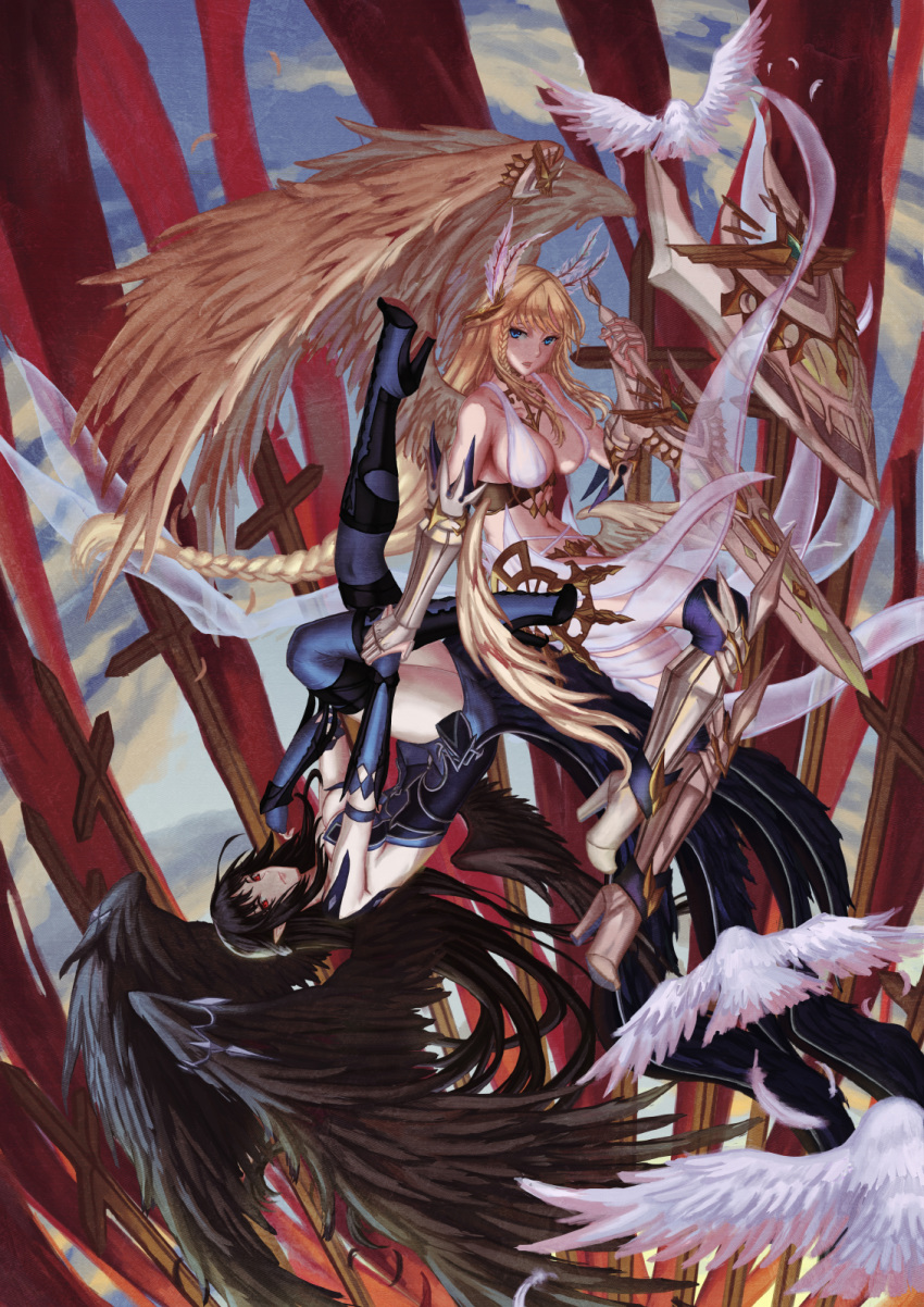 2girls angel angel_wings armor aselica_(king's_raid) bird black_dress black_gloves black_hair black_legwear black_wings blonde_hair blue_eyes boots braid breasts cleavage commentary dress dual_persona edenfox elbow_gloves fallen_angel feathered_wings feathers gauntlets gloves greaves high_heel_boots high_heels highres holding_hands king's_raid large_breasts long_hair looking_at_viewer low_wings multiple_girls navel over-kneehighs pelvic_curtain photoshop_(medium) pointy_ears red_eyes shield strapless strapless_dress sword thighhighs weapon wings