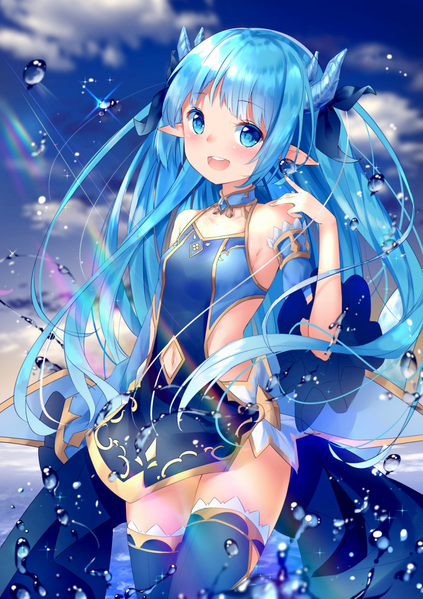 :d bare_shoulders blue_choker blue_dress blue_eyes blue_hair blue_ribbon blue_sky blue_sleeves blue_thighhighs blurry blurry_foreground blush breasts choker clothing_cutout cloud collarbone commentary_request day detached_sleeves dress female fingernails hair_ribbon hand_up highres horns king's_raid lilia_(king's_raid) long_hair navel navel_cutout ocean open_mouth outdoors pointy_ears ribbon round_teeth shiraki_shiori short_sleeves sky sleeveless sleeveless_dress small_breasts smile solo teeth thighhighs upper_teeth_only very_long_hair water_drop