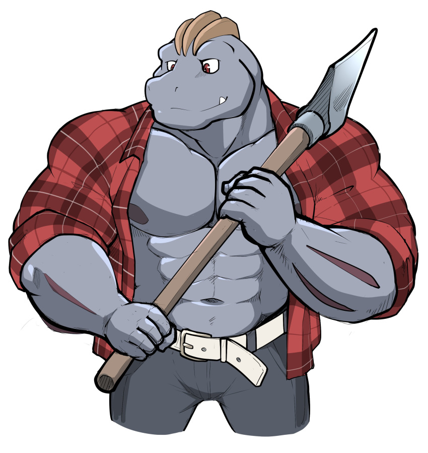 abs absurd_res axe biceps clothed clothing felling_axe generation_1_pokemon hi_res lumberjack machoke maldu male melee_weapon muscular muscular_male navel nintendo nipples open_clothing open_shirt open_topwear pecs pokemon pokemon_(species) portrait shirt simple_background solo three-quarter_portrait topwear weapon white_background