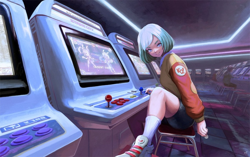 aqua_hair arcade arcade_cabinet blue_eyes christy_frisby coin collared_shirt commentary english_commentary english_text female fighting_game holding holding_coin indoors leg_up long_sleeves looking_at_viewer medium_hair mynare original shirt shoes shorts sitting smile socks solo swept_bangs white_footwear white_socks