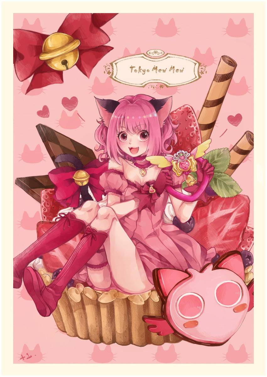 +1_(yakusoku0722) :3 :d animal_ears bare_shoulders bell boots border bow cat_ears cat_tail chocolate choker commentary_request copyright_name cupcake dress fangs female food fruit gloves heart highres holding jingle_bell knee_boots looking_at_viewer magical_girl masha_(tokyo_mew_mew) mew_ichigo momomiya_ichigo open_mouth oversized_object pink_dress pink_eyes pink_hair puffy_short_sleeves puffy_sleeves red_gloves short_hair short_sleeves simple_background sitting sitting_on_food smile solo strawberry sweets tail tail_bow tail_ornament thigh_strap tokyo_mew_mew