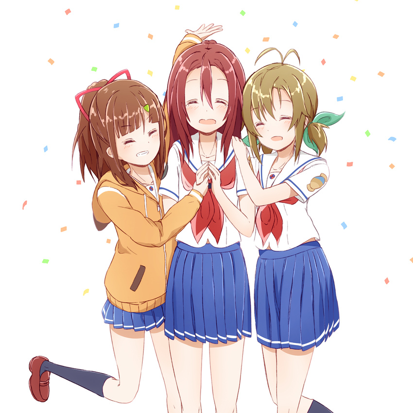 3girls :d ^_^ antenna_hair blue_legwear blue_skirt brown_hair closed_eyes commentary_request girl_sandwich hair_ribbon high_school_fleet highres himeji_kayoko holding_hands hood hooded_jacket irizaki_mei jacket kneehighs long_hair low_twintails manse matsunaga_ritsuko multiple_girls neckerchief open_mouth pleated_skirt ponytail ribbon sandwiched school_uniform serafuku short_hair short_sleeves short_twintails skirt smile socks standing twintails yokosuka_girls_marine_high_school_uniform