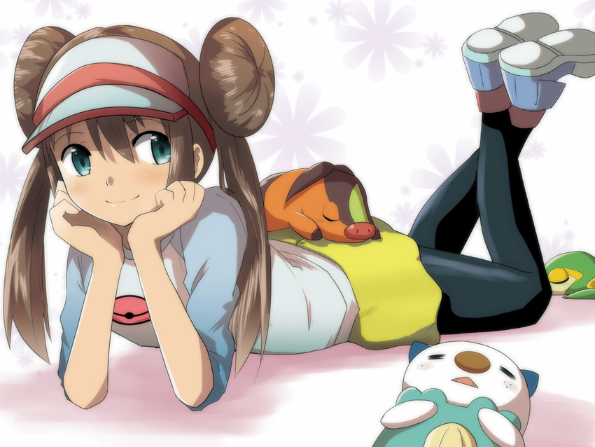 bad_id bad_pixiv_id baseball_cap black_pantyhose blue_eyes brown_hair commentary_request double_bun female hair_bun hat head_rest legs_up long_hair lying naga_(naga54321) on_stomach oshawott pantyhose pantyhose_under_shorts pokemon pokemon_(creature) pokemon_bw2 rosa_(pokemon) shirt shoes short_shorts shorts smile sneakers snivy starter_pokemon_trio tepig twintails very_long_hair visor_cap