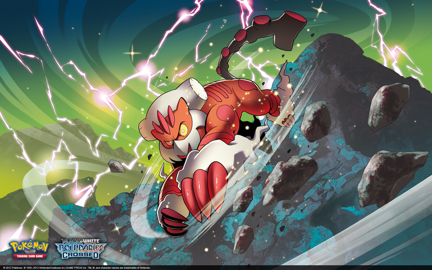 alternate_form artist_request claws colored_sclera dutch_angle electricity highres landorus landorus_(therian) looking_at_viewer mountain no_humans official_art official_wallpaper pokemon pokemon_(creature) pokemon_tcg rock solo watermark yellow_sclera