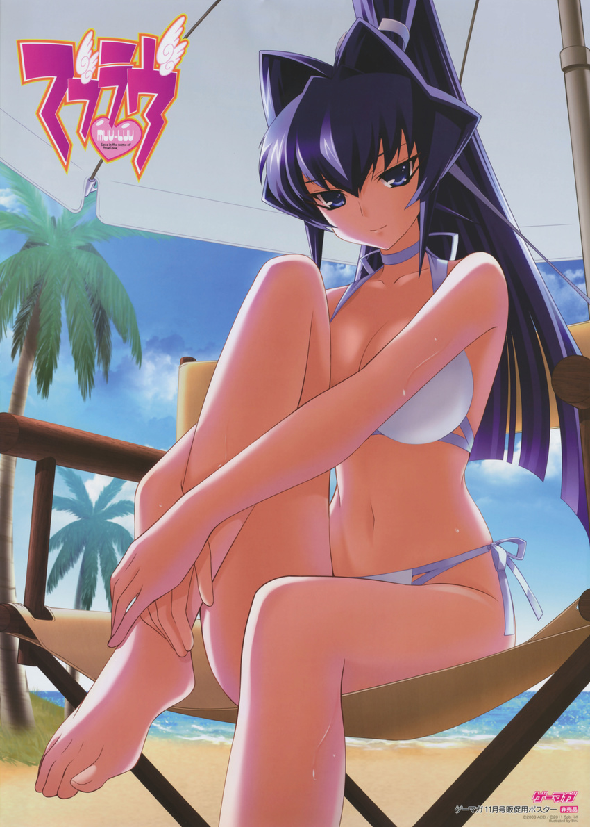 absurdres barefoot beach beach_umbrella bikini blue_eyes blue_hair bou_(inubou) breasts chair cleavage collarbone day director's_chair feet feet_on_chair female folding_chair hair_intakes halterneck high_ponytail highres hugging_own_legs knee_up large_breasts leg_up light_smile long_hair long_legs mitsurugi_meiya muv-luv navel official_art outdoors palm_tree ponytail purple_eyes purple_hair scan side-tie_bikini_bottom sitting sky smile solo sweat swimsuit toes tree umbrella very_long_hair water wet white_bikini