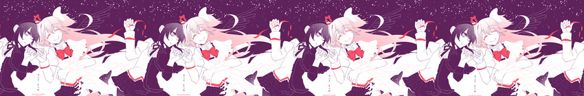 2girls akemi_homura akemi_homura_(black_dress) black_hair black_pantyhose bow closed_eyes commentary_request dated dress funeral_dress gloves hairband hairbow highres kaname_madoka long_hair looking_at_another mahou_shoujo_madoka_magica mahou_shoujo_madoka_magica:_hangyaku_no_monogatari mitakihara_school_uniform multiple_girls multiple_persona pantyhose photoshop_(medium) pink_hair pinky_swear school_uniform short_hair signature skirt sky smile sorato_(astllatte) spoilers star_(sky) starry_sky two_side_up ultimate_madoka white_gloves wide_image yuri