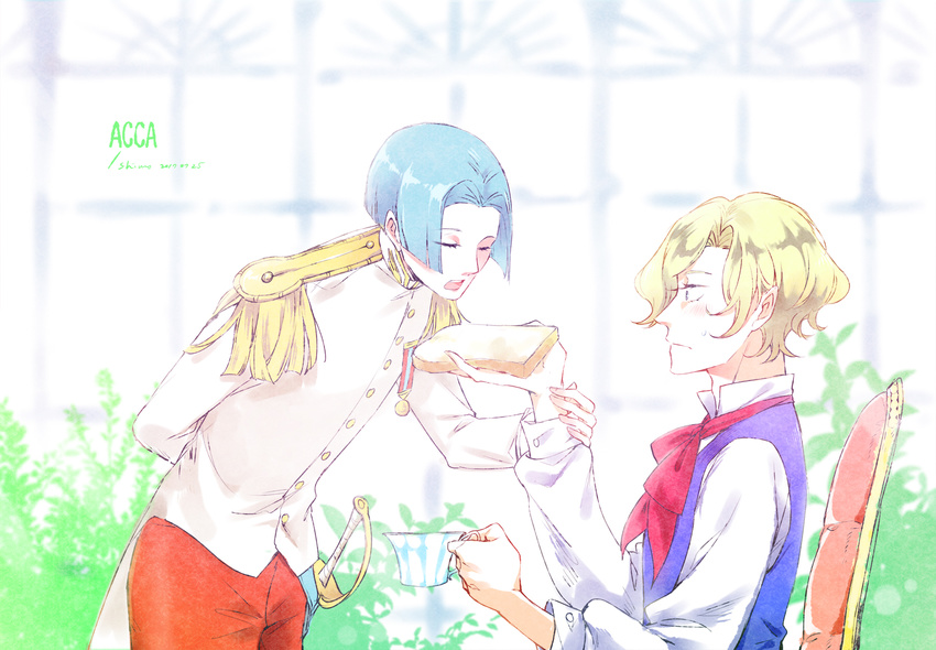 2boys acca_13-ku_kansatsu-ka artist_name bad_id bad_pixiv_id blonde_hair blue_eyes blue_hair blush bread closed_eyes copyright_name cup dated epaulettes food highres indoors leaning_forward looking_at_another maggie_(acca) male_focus medal multiple_boys open_mouth photoshop_(medium) prince_schwan profile shimo_(hoar1301) sitting sweatdrop sword teacup uniform weapon