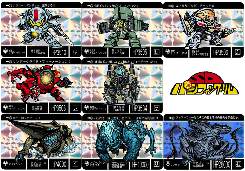 blade cannon cherno_alpha chibi circular_saw claws commentary_request coyote_tango crimson_typhoon gipsy_danger highres jaeger_(pacific_rim) kaijuu knifehead leatherback mecha military military_vehicle miwa_shirow monster no_humans otachi pacific_rim parody photoshop_(medium) robot rocket_launcher saw science_fiction shoulder_cannon slattern striker_eureka tail weapon