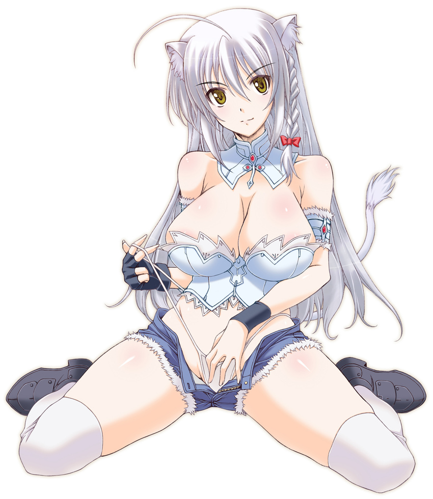 ahoge animal_ears blue_shorts braid breasts bustier cat_ears cat_girl cat_tail cleavage commentary_request cutoffs dog_days female fingerless_gloves gloves highres large_breasts leonmitchelli_galette_des_rois long_hair open_fly panties panty_pull photoshop_(medium) short_shorts shorts side_braid silver_hair simple_background single_braid single_fingerless_glove single_glove sitting skindentation solo tail thighhighs underwear wariza white_background white_thighhighs yatsushima_tetsuya yellow_eyes