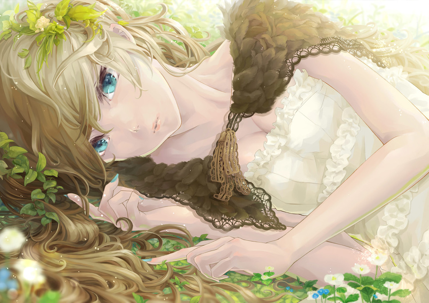 blue_eyes breasts brown_hair capelet cleavage commentary_request dress feathers female fingernails flower frills leaf lips long_fingernails long_hair lying medium_breasts nail_polish nature on_side original photoshop_(medium) piyotama plant solo vines