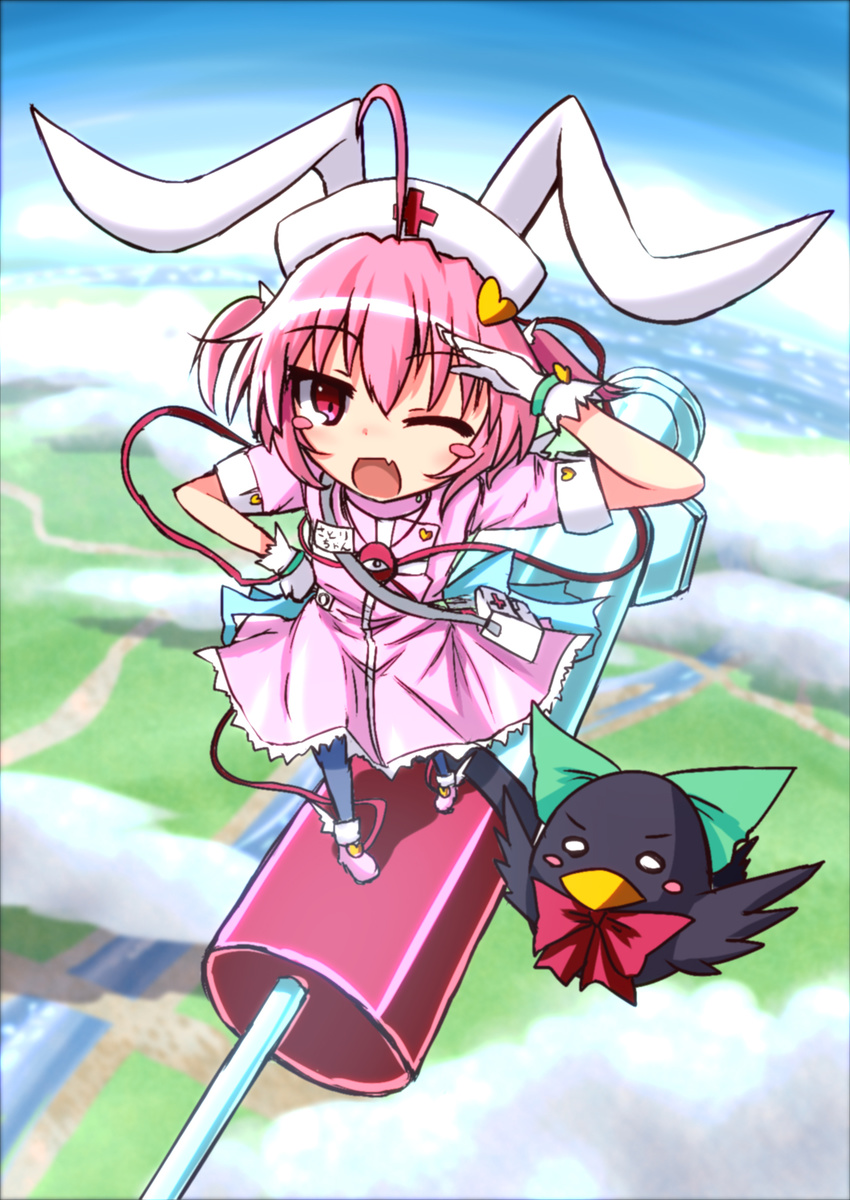 animal_ears blue_sky blush_stickers bow cloud commentary_request cosplay cross-species_cosplay day dress female flying gloves hat heart highres karasuma_amiru komeiji_satori looking_at_viewer nakahara_komugi nakahara_komugi_(cosplay) nurse nurse_cap nurse_witch_komugi-chan oerba_yun_fang one_eye_closed open_mouth oversized_object pink_dress pink_eyes pink_hair rabbit_ears reiuji_utsuho reiuji_utsuho_(bird) salute sky smile syringe third_eye touhou two_side_up white_gloves