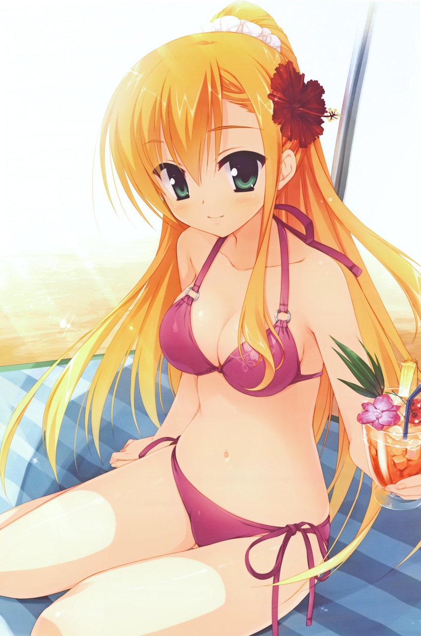 absurdres arm_support bikini blonde_hair blush breasts cleavage drink female flower glass green_eyes hair_flower hair_ornament halterneck hibiscus highres kanemoto_akari kobuichi looking_at_viewer medium_breasts navel noble_works o-ring o-ring_bikini pink_bikini ponytail shiny_skin side-tie_bikini_bottom sitting string_bikini swimsuit wide_ponytail yokozuwari