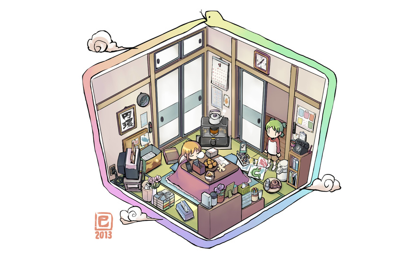 2013 2girls 4040_(abonriya) antique_phone calendar_(object) chinese_zodiac clock cloud commentary_request crossover dated drawing floorplan food fruit graphite_(medium) green_hair heater indoors isometric kerosene_heater kettle koiwai_yotsuba kotatsu mandarin_orange multiple_girls new_year nichijou nose_bubble orange_hair ouroboros phone professor_shinonome quad_tails raglan_sleeves rainbow_gradient room rotary_phone simple_background sleeping sliding_doors snake table teapot television tissue_box traditional_media vase white_background year_of_the_snake yotsubato! |_|