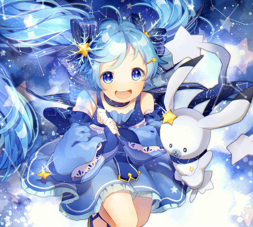 animal blue_dress blue_eyes blue_hair blue_ribbon choker commentary constellation constellation_print cygnus_(constellation) delphinus_(constellation) dress eyebrows female hair_ornament hair_ribbon hatsune_miku highres holding komadori_ui long_hair making-of_available open_mouth rabbit rabbit_yukine ribbon ribbon_choker snowflake_hair_ornament star_(sky) star_(symbol) star_hair_ornament striped striped_ribbon twintails very_long_hair vocaloid yuki_miku yuki_miku_(2017) yukin_(vocaloid)