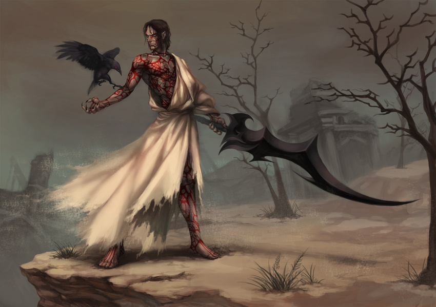 1boy abs ancient_greek_clothes bare_tree barefoot bird black_hair commentary_request crow dark-skinned_male dark_skin desert fingernails greco-roman_clothes highres himation male_focus muscular photoshop_(medium) ruins scarlet_desires scp-076-2 scp_foundation sharp_fingernails sword tattoo tree weapon