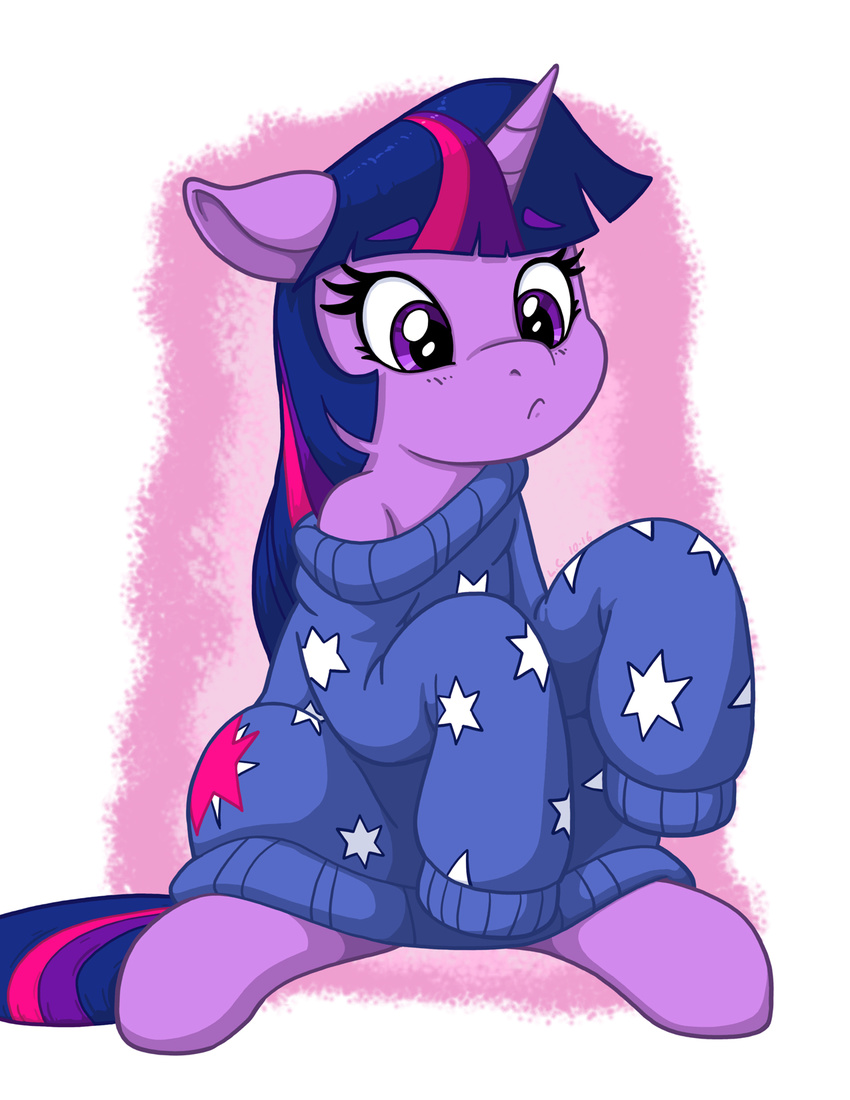 2016 blush clothing equid equine female feral friendship_is_magic hair hasbro hi_res horn latecustomer mammal my_little_pony mythological_creature mythological_equine mythology purple_eyes purple_hair simple_background solo sweater topwear twilight_sparkle_(mlp) unicorn