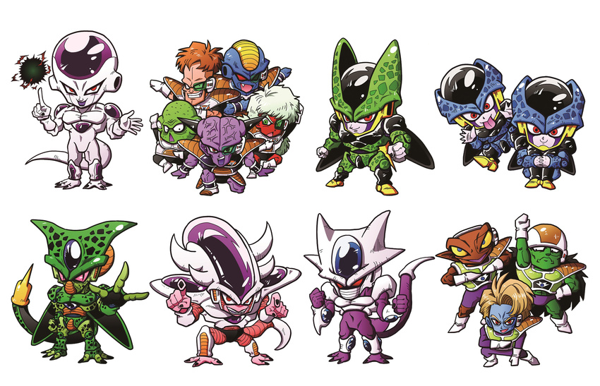 6+boys :p arm_up armor bald blue_skin body_armor boots brown_hair burter captain_ginyu cell_(dragon_ball) cell_junior chibi clenched_hands colored_sclera colored_skin commentary_request cooler's_armored_squadron cooler_(dragon_ball) dark-skinned_male dark_skin doore dragon_ball dragon_ball_z energy_ball evil_grin evil_smile fifth_form_(dragon_ball) frieza ginyu_force_pose gloves green_skin grin group_pose guldo highres horns index_finger_raised jeice looking_at_viewer male_focus mini_person miniboy multiple_boys muscular neiz oerba_yun_fang perfect_cell photoshop_(medium) pink_sclera pose purple_skin raised_fist recoome red_eyes red_skin saiyan_armor salza scouter shinomiya_akino simple_background slit_pupils smile spikes tail teeth tongue tongue_out triangle_mouth veins white_background white_hair yellow_sclera