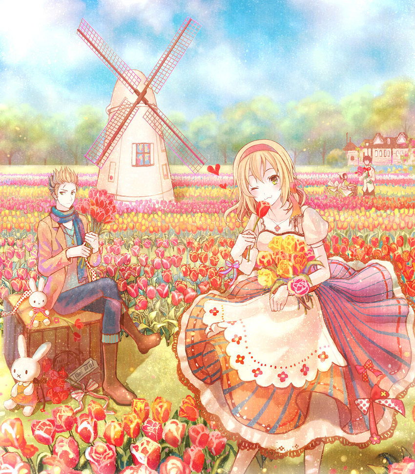 2boys 2girls :3 anko_kinako axis_powers_hetalia basket belgium_(hetalia) blonde_hair bouquet box brother_and_sister colorful commentary_request dress field flower flower_field green_eyes hair_ribbon heart highres house miffy miffy_(character) multiple_boys multiple_girls netherlands_(hetalia) one_eye_closed photoshop_(medium) rabbit revision ribbon scar scarf siblings southern_italy_(hetalia) spain_(hetalia) stuffed_animal stuffed_toy tree tulip windmill