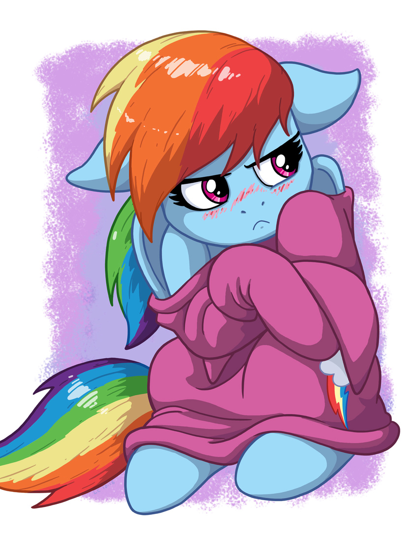 2016 blush clothing equid equine female feral friendship_is_magic hair hasbro hi_res latecustomer mammal multicolored_hair my_little_pony mythological_creature mythological_equine mythology pegasus rainbow_dash_(mlp) rainbow_hair simple_background sitting solo sweater topwear wings