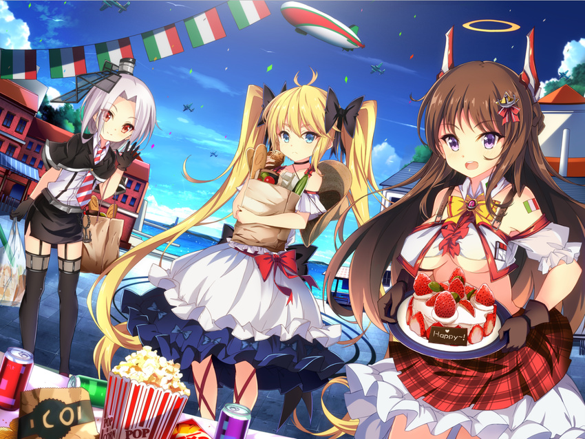 3girls :d ahoge aircraft airplane anchor andrea_doria_(warship_girls_r) bag bare_shoulders black_bow black_gloves black_legwear black_ribbon black_skirt blue_eyes blue_sky bow bread breasts brown_hair caio_duilio_(warship_girls_r) cake can capelet carrying chains chinese_commentary commentary_request day dutch_angle eyebrows eyes_visible_through_hair food frills frown gloves hair_ornament hat headgear italian_flag italy jianren large_breasts long_hair multiple_girls necktie ocean official_art open_mouth outdoors paper_bag popcorn purple_eyes red_bow red_eyes red_ribbon ribbon shirt skirt sky small_breasts smile smokestack snack straw_hat string_of_flags striped striped_necktie thighhighs twintails underboob very_long_hair vittorio_veneto_(warship_girls_r) warship_girls_r waving white_hair white_shirt zettai_ryouiki