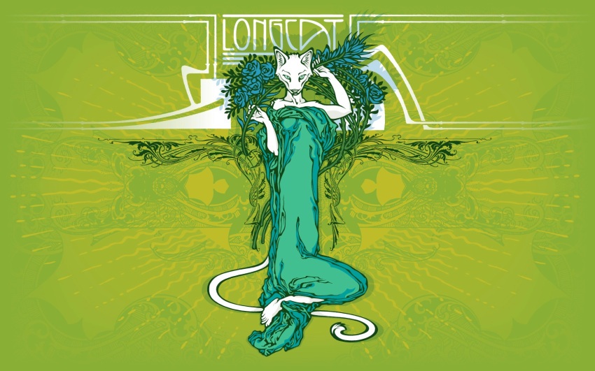 16:10 anthro art_nouveau clothing domestic_cat felid feline felis female green_background green_theme hi_res longcat mammal meme pseudo_manitou simple_background solo tail teal_clothing wallpaper widescreen