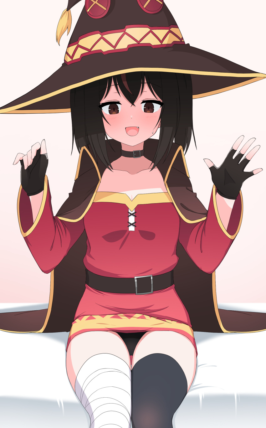 absurdres bamiko_(nanju_bami) bandaged_leg bandages belt black_hair black_panties blush breasts cape choker collarbone cosplay dress female fingerless_gloves gloves gradient_background hat highres kono_subarashii_sekai_ni_shukufuku_wo! looking_at_viewer megumin megumin_(cosplay) nanju_bami open_mouth original panties pantyshot single_thighhigh sitting small_breasts smile solo thighhighs trembling twintails underwear witch_hat zettai_ryouiki