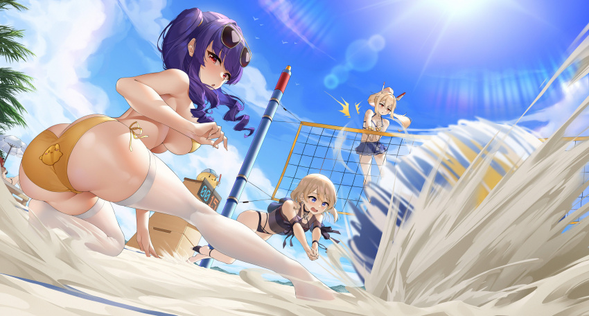 3girls absurdres ass ayanami_(azur_lane) azur_lane ball beach beachball bikini blonde_hair blue_sky blush breasts cloud highres jfzm001 large_breasts lens_flare long_hair manjuu_(azur_lane) multiple_girls ocean official_alternate_costume outdoors pola_(azur_lane) pola_(seaside_coincidence)_(azur_lane) purple_hair sand sky swimsuit thighhighs twintails volleyball white_thighhighs yellow_bikini z23_(azur_lane) z23_(breezy_doubles)_(azur_lane)