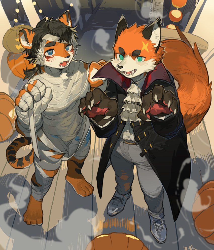 2023 absurd_res anthro black_hair canid canine clothing costume duo felid fox fur hair halloween hi_res holidays juncos_(jayfeath3r) looking_at_viewer male mammal milkytiger1145 orange_body orange_fur pantherine tail tiger white_body white_fur