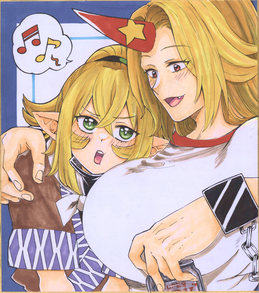 2girls absurdres beer_can black_shirt blonde_hair blue_background blush breasts bright_pupils brown_shirt can cheek_squash commentary_request cuffs drink_can green_eyes hair_between_eyes high_ponytail highres holding holding_can horns hoshiguma_yuugi large_breasts long_hair looking_at_another looking_to_the_side matsuri_kyuuta medium_bangs mizuhashi_parsee multiple_girls musical_note oerba_yun_fang open_mouth pointy_ears red_eyes red_horns round_teeth shackles shirt short_hair short_ponytail short_sleeves single_horn smile spoken_musical_note star_(symbol) t-shirt teeth touhou traditional_media undershirt upper_body upper_teeth_only white_pupils white_shirt yuri