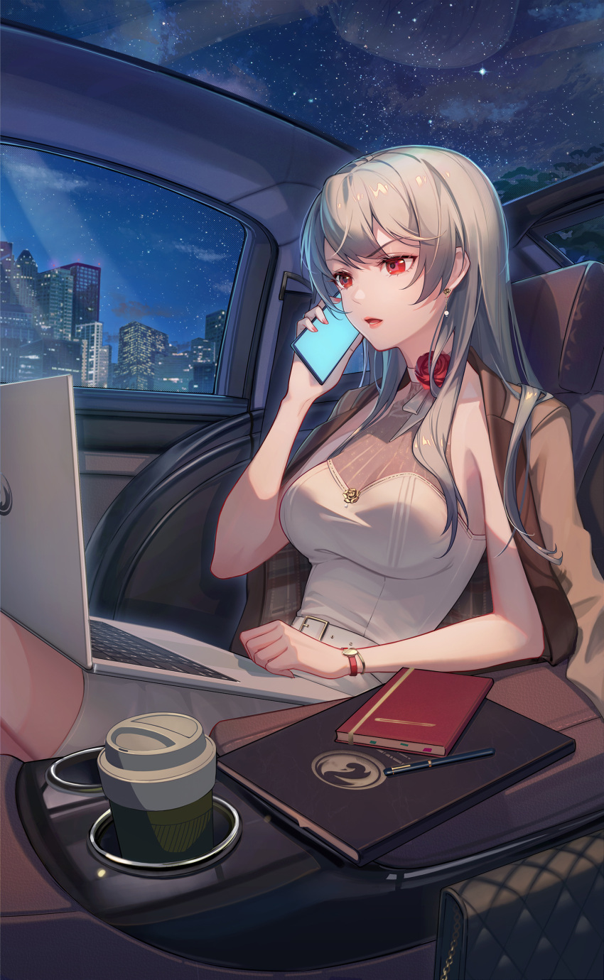 absurdres breasts city crazy_ones cup disposable_coffee_cup disposable_cup dress earrings female formal grey_hair highres jewelry large_breasts long_hair night night_sky notebook official_art red_eyes sitting sky solo talking_on_phone white_dress xia_bing_(crazy_ones)