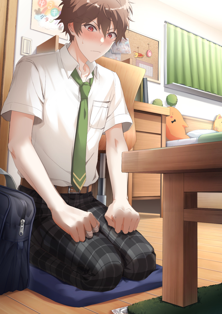 1boy bed bedroom black_bag black_pants blush brown_hair chair closed_mouth curtains desk ensemble_stars! green_necktie highres kindo male_focus morisawa_chiaki necktie pants red_eyes shirt solo stuffed_animal stuffed_carrot stuffed_cat stuffed_toy table white_shirt