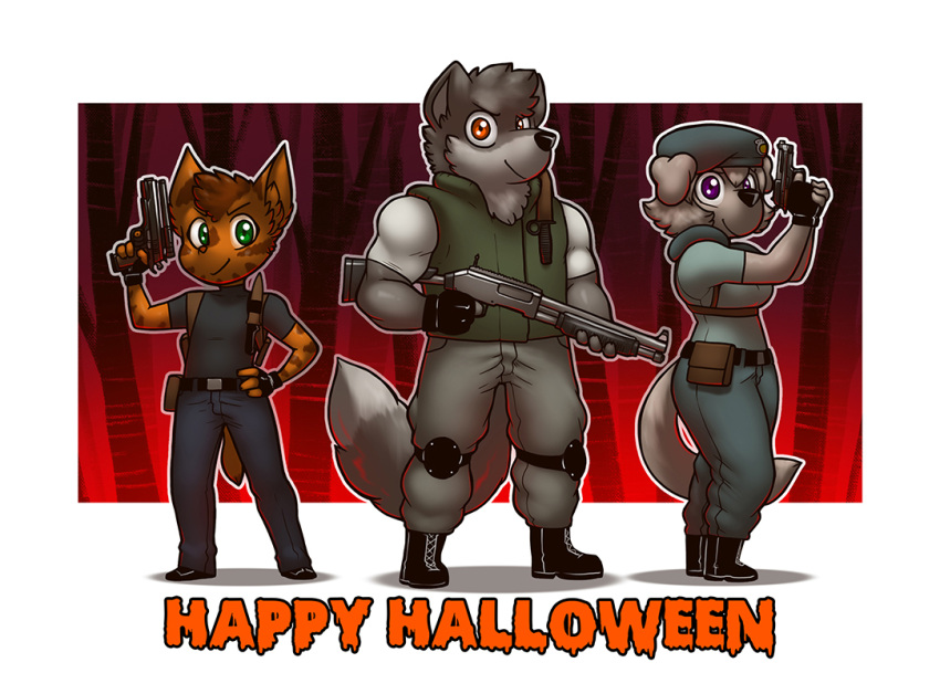 alphonse_(james_howard) anthro canid canine canis capcom clothing cosplay costume domestic_cat domestic_dog felid feline felis female group gun halloween handgun holidays james_howard jill_(james_howard) male mammal pistol ranged_weapon resident_evil richard_(james_howard) shotgun trio weapon wolf