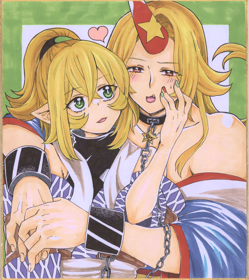 2girls absurdres bare_shoulders black_shirt blonde_hair blue_kimono blush bright_pupils brown_shirt chains commentary_request crossed_bangs cuffs fingernails green_background green_eyes green_nails hand_on_own_cheek hand_on_own_face highres horns hoshiguma_yuugi hoshiguma_yuugi_(kimono) hug hug_from_behind japanese_clothes kimono leash long_hair looking_at_another looking_back matsuri_kyuuta medium_bangs mizuhashi_parsee multicolored_nails multiple_girls oerba_yun_fang off_shoulder open_mouth parted_bangs pointy_ears red_eyes red_horns red_nails sash scarf shirt short_hair short_ponytail sidelocks single_horn smile star_(symbol) touhou traditional_media two-tone_background upper_body white_pupils white_sash white_scarf yuri