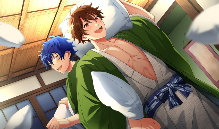 2boys blue_hair brown_hair ensemble_stars! highres japanese_clothes kimono kindo long_sleeves male_focus morisawa_chiaki multiple_boys muscular muscular_male open_mouth pillow red_eyes sazanami_jun short_hair yellow_eyes yukata