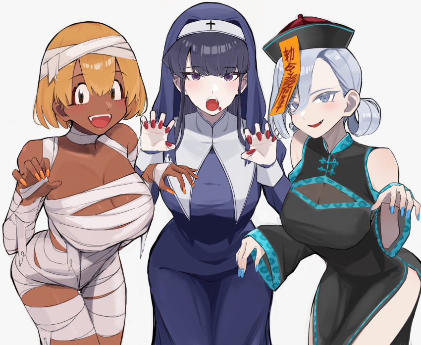 3girls ayatak0517 bandages black_hair black_robe blue_nails breasts chinese_clothes claw_pose cleavage dark-skinned_female dark_skin grey_hair habit halloween_costume hat highres jiangshi_costume komi-san_wa_komyushou_desu komi_shouko large_breasts long_hair looking_at_viewer manbagi_rumiko multiple_girls mummy_costume nail_polish naked_bandage nun ofuda ofuda_on_head orange_nails outstretched_arms qingdai_guanmao rami_kawai red_nails robe short_hair talisman zombie_pose