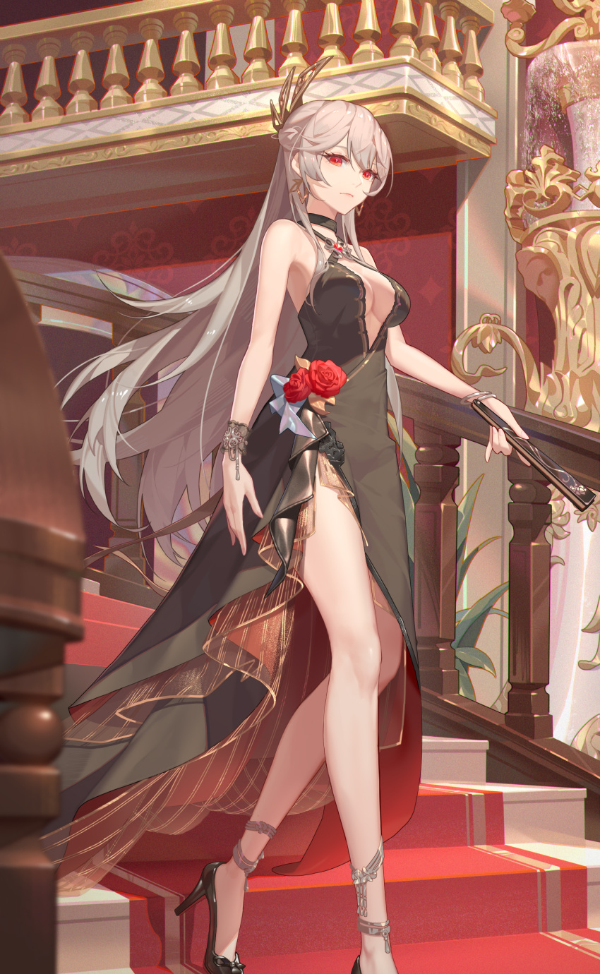 absurdres bare_shoulders black_dress breasts cleavage crazy_ones dress female flower formal grey_hair hand_fan high_heels highres long_hair official_art red_carpet red_eyes red_flower red_rose rose solo stairs stiletto_heels walking xia_bing_(crazy_ones)