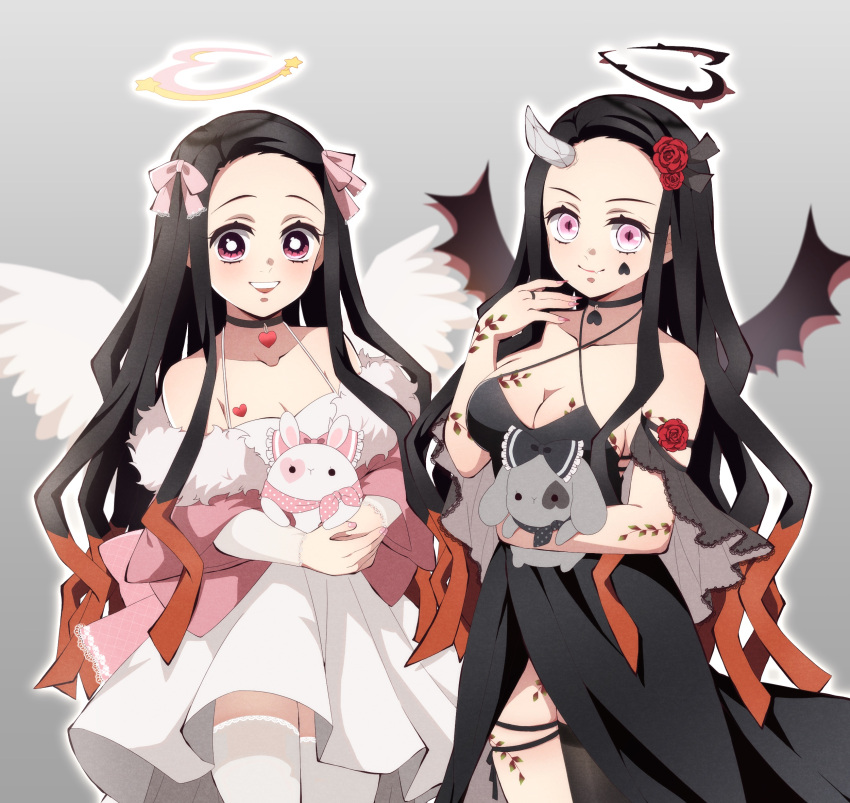 2girls alternate_costume black_dress black_hair black_ribbon black_thighhighs breasts closed_mouth demon_girl demon_horns demon_wings dress facial_mark flower fur_trim hair_flower hair_ornament halo highres holding holding_stuffed_toy horns jacket kamado_nezuko kimetsu_no_yaiba long_hair medium_breasts multicolored_hair multiple_girls open_mouth orange_hair pink_eyes pink_jacket pink_ribbon pori_(kmt_pori) ribbon single_thighhigh smile stuffed_animal stuffed_rabbit stuffed_toy tattoo teeth thighhighs upper_teeth_only white_dress white_thighhighs wings